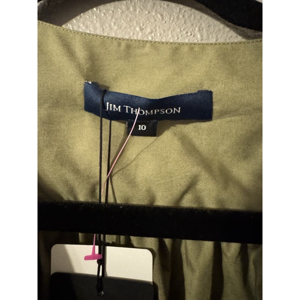 Jim Thompson Midi Wrap Dress 10 Short Puff Sleeve Khaki Green Washable New — image 6 of 8